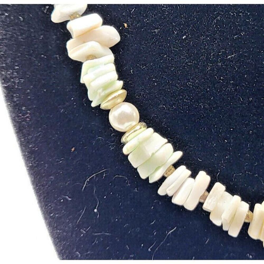 Vntg Puka Shell Bracelet & Necklace set Pearls and Raw Silver Beads 17.5" & 10"